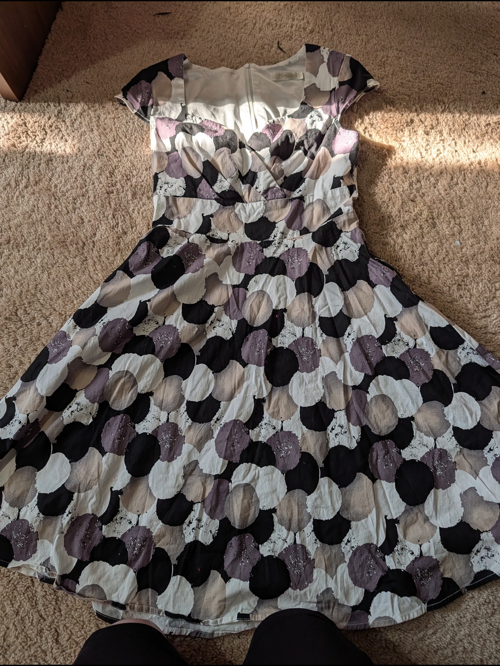 Polka Dot Fit-and-Flare Dress in Black, White Purple & Taupe